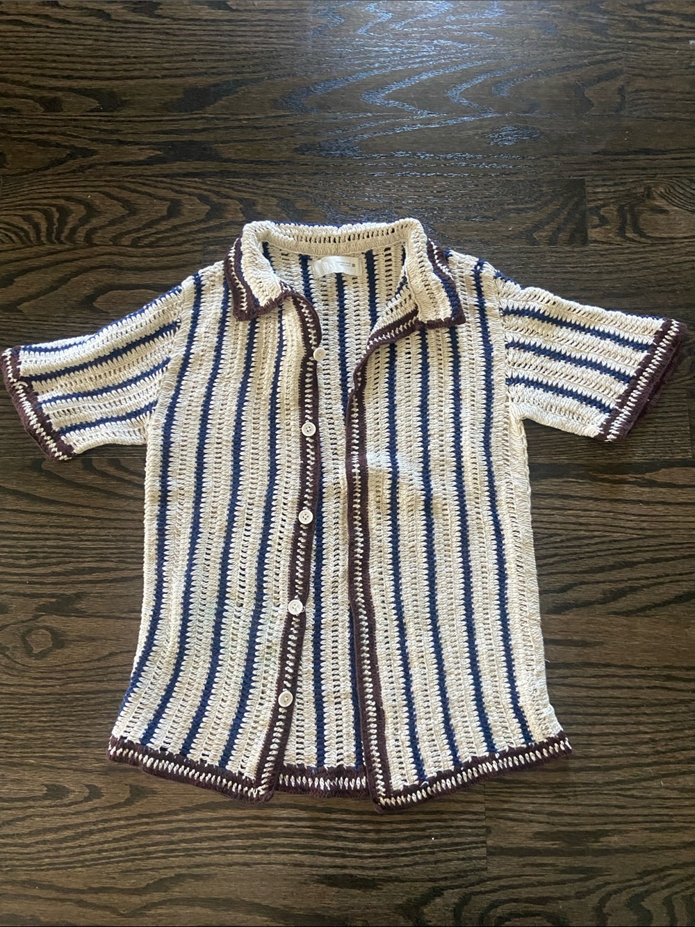 Zara Crochet Button-Down Shirt - Cream, Blue & Brown Trim size 9-10 kids